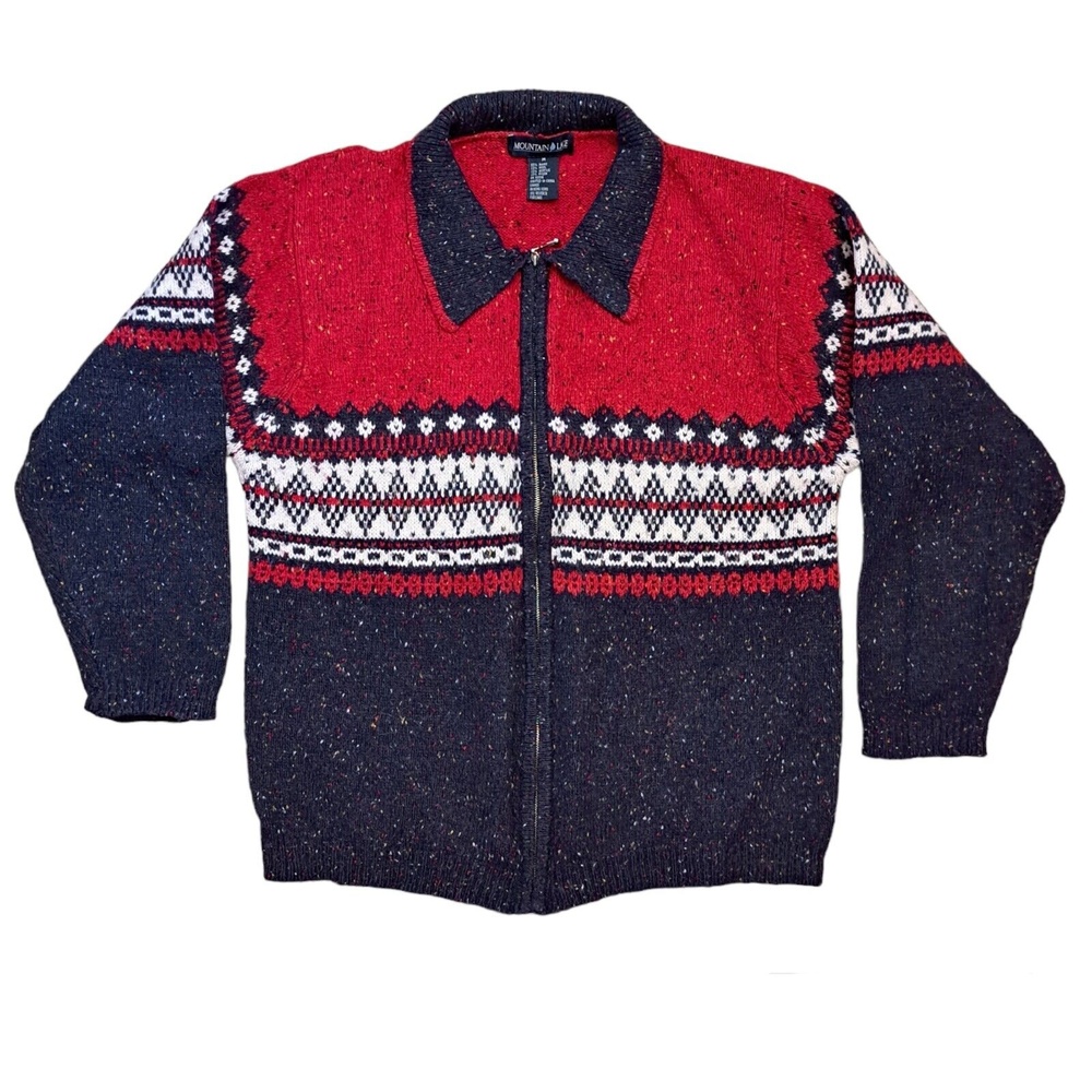 Vintage Mountain Lake Women Size M Fair Isle Full Zip Cardigan Sweater Red Black